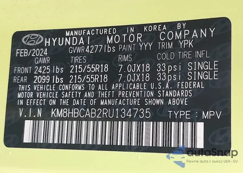 2024 Hyundai Kona Sel from USA, damaged, VIN KM8HBCAB2RU134735